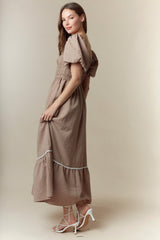 Mocha Plaid Smocked Puff Sleeve Maxi Dress