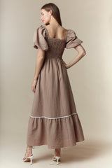 Mocha Plaid Smocked Puff Sleeve Maxi Dress