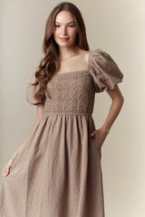 Mocha Plaid Smocked Puff Sleeve Maxi Dress