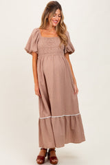 Mocha Plaid Smocked Puff Sleeve Maternity Maxi Dress