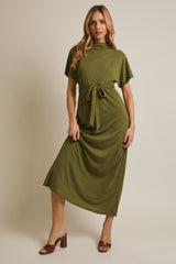 Olive Plaid Draped Neckline Sash Tie Maternity Maxi Dress