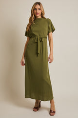 Olive Plaid Draped Neckline Sash Tie Maxi Dress