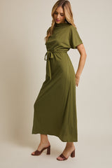 Olive Plaid Draped Neckline Sash Tie Maxi Dress