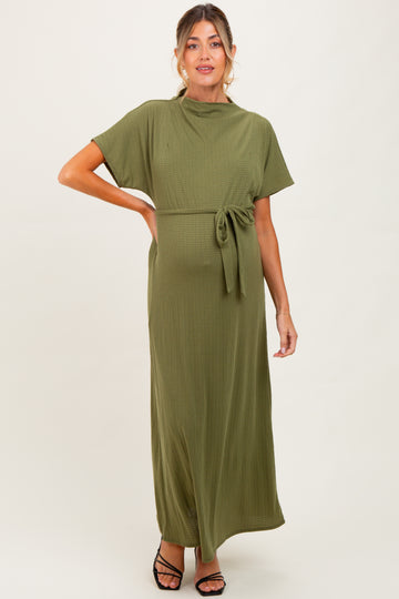 Olive Plaid Draped Neckline Sash Tie Maternity Maxi Dress