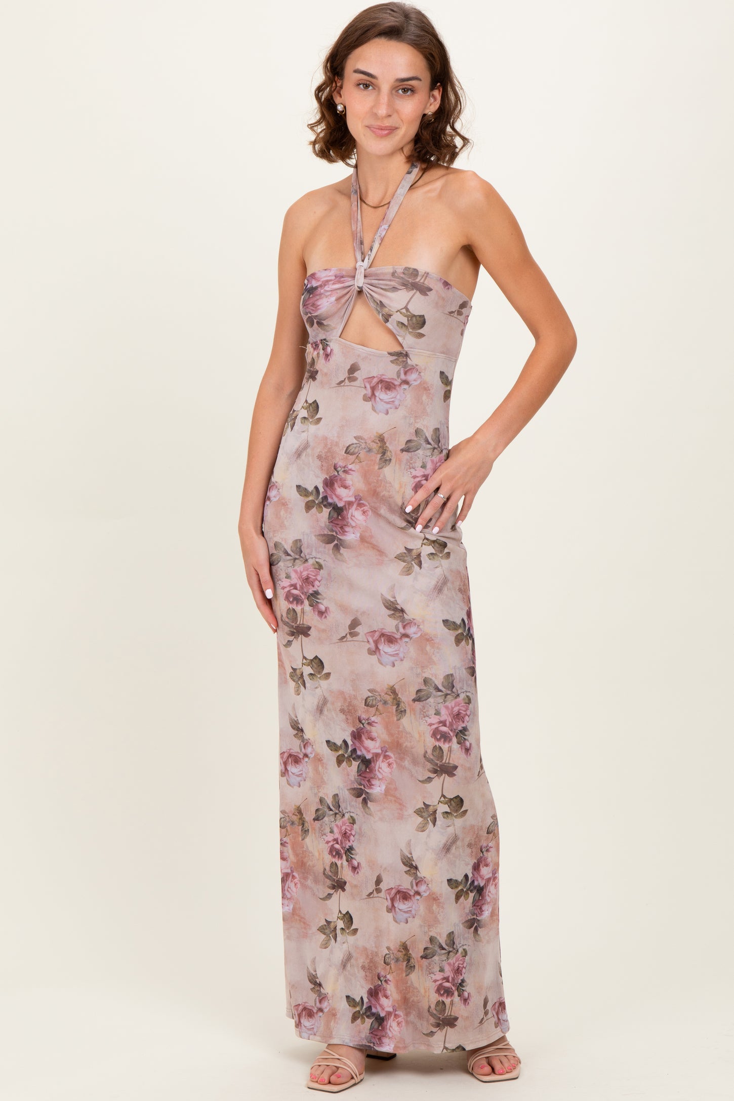Mauve Floral Halter Cutout Maxi Dress