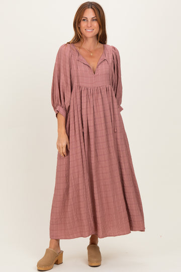 Mauve Plaid Front Tie Cutout Midi Dress