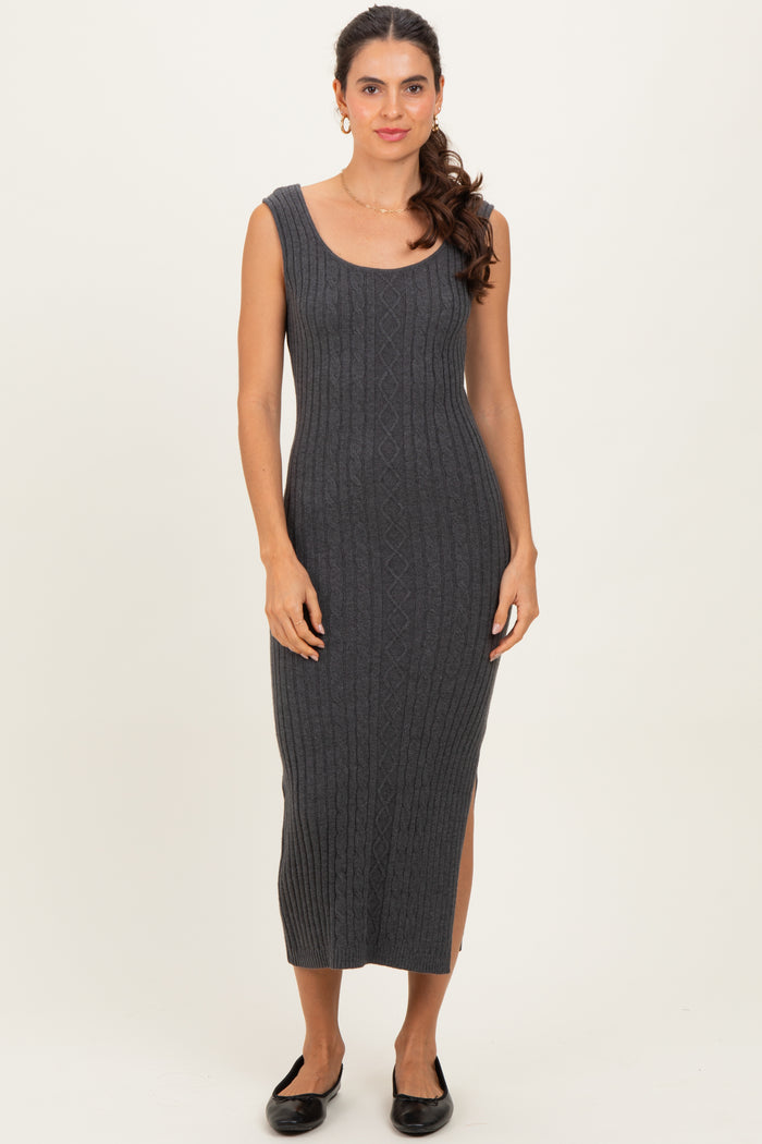 Charcoal Cable Knit Sleeveless Maternity Midi Dress