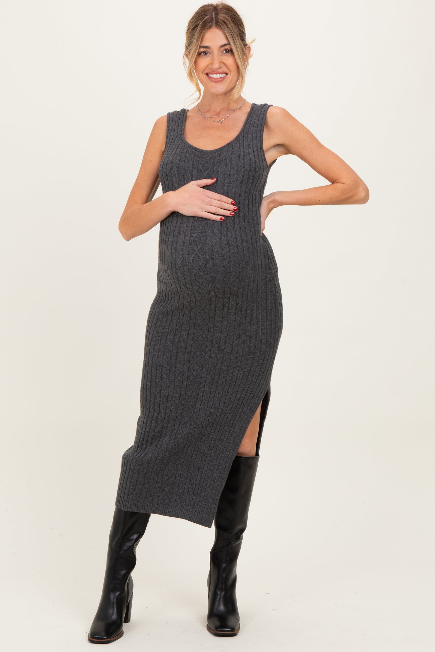 Charcoal Cable Knit Sleeveless Maternity Midi Dress