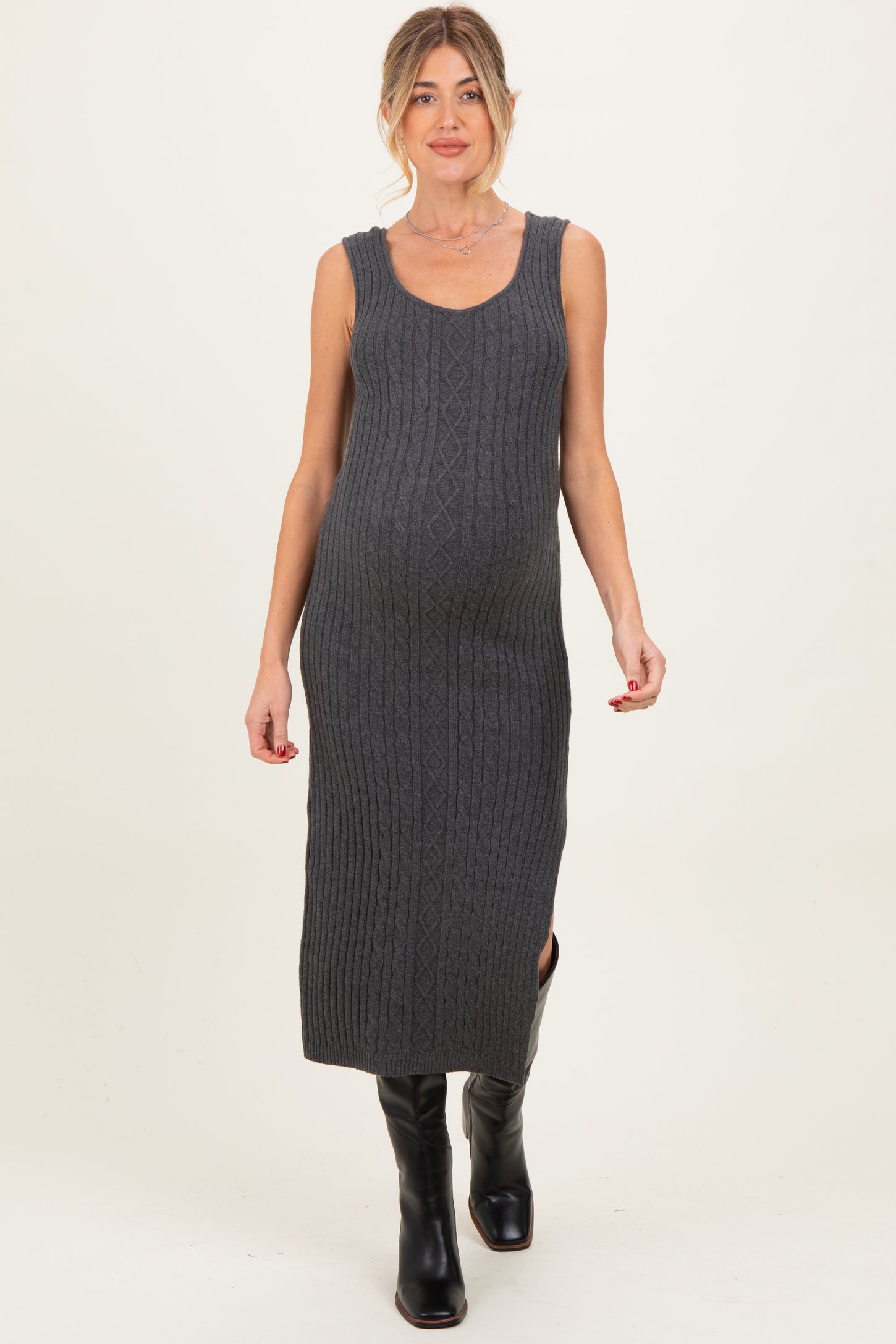 Charcoal Cable Knit Sleeveless Maternity Midi Dress