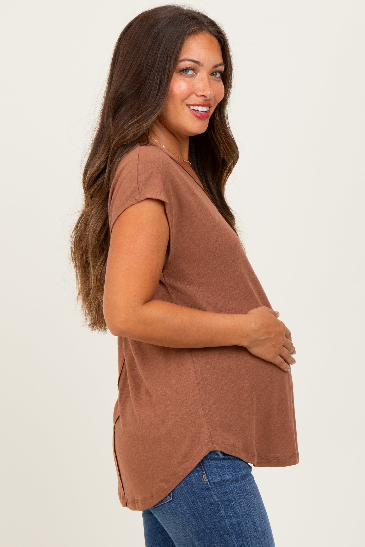 Dark Camel V-Neck Maternity Top