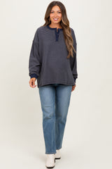 Navy Striped Oversized Button Up Maternity Pullover Top