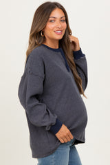 Navy Striped Oversized Button Up Maternity Pullover Top