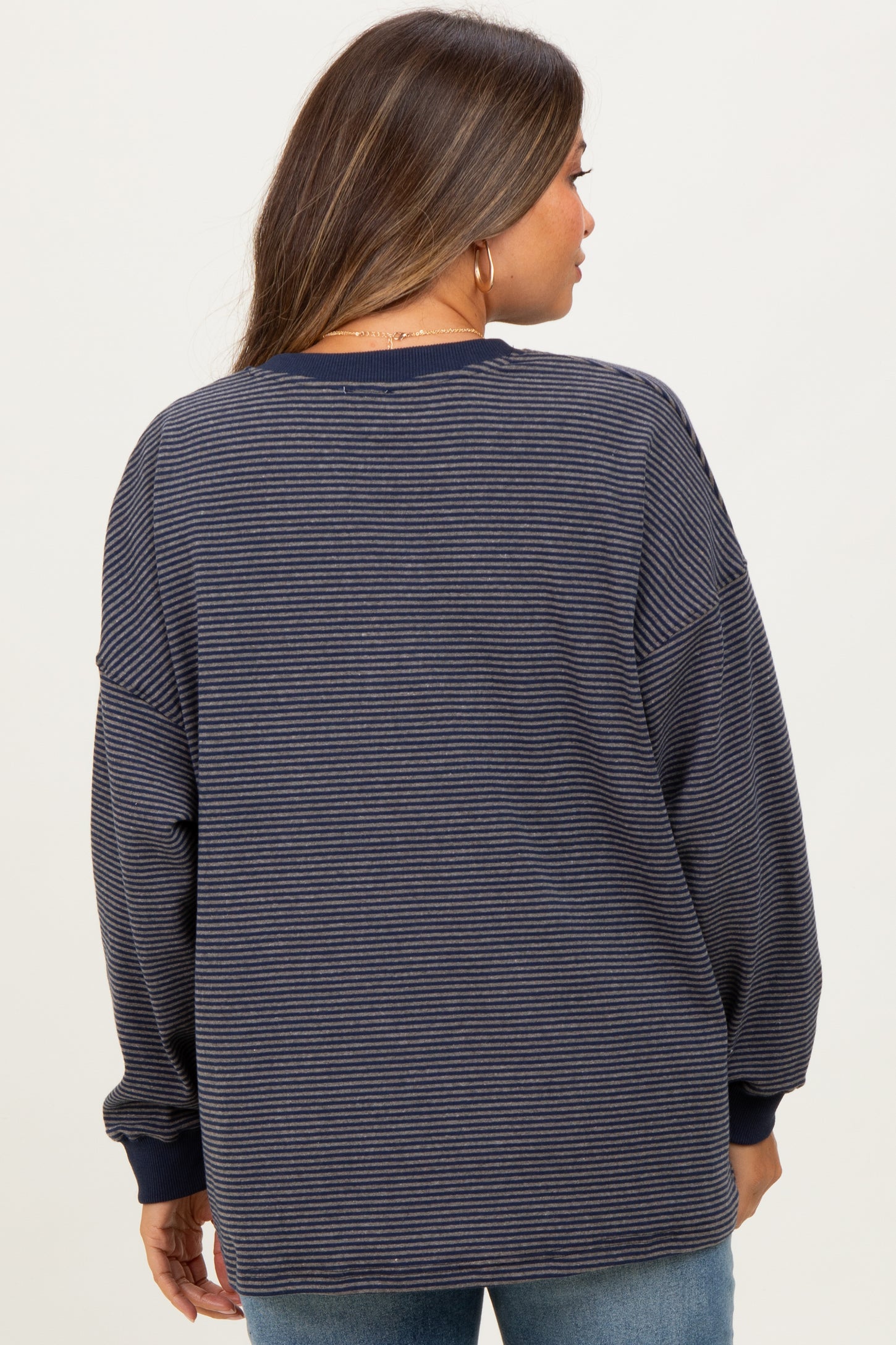 Navy Striped Oversized Button Up Maternity Pullover Top