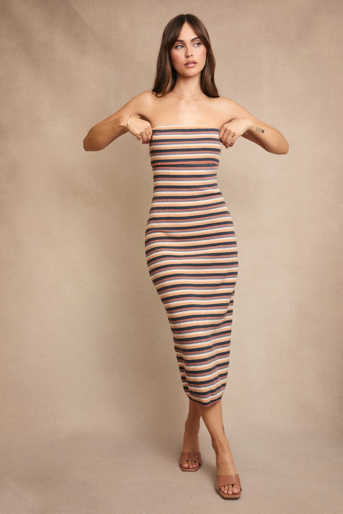 Multicolor Striped Knit Strapless Midi Dress