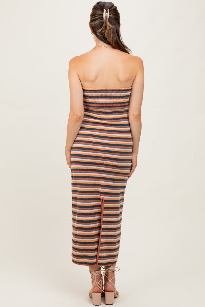 Multicolor Striped Knit Strapless Maternity Midi Dress