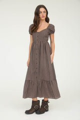 Brown Plaid Puff Sleeve Button Down Maxi Dress