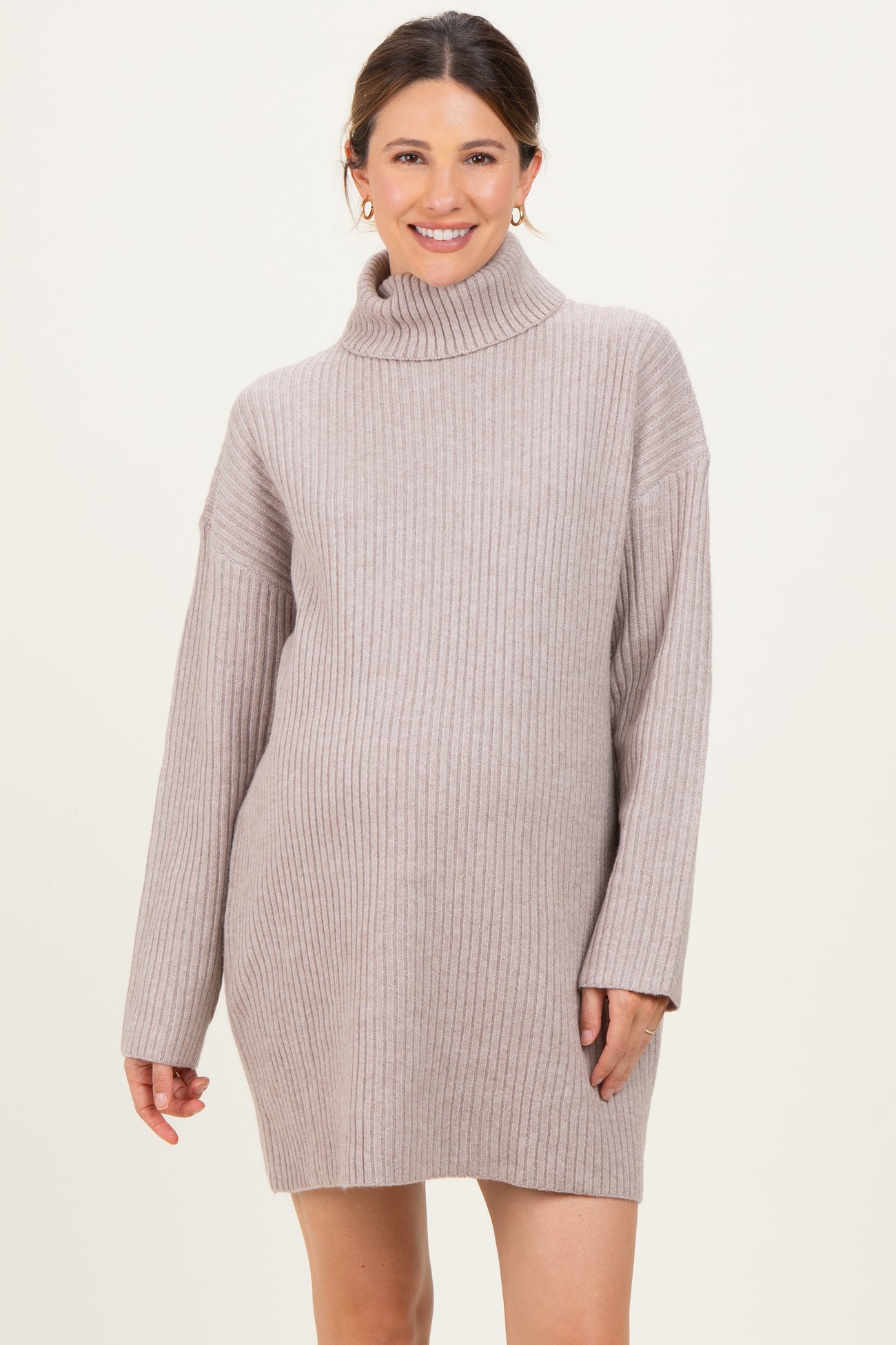 Taupe Turtleneck Chunky Knit Maternity Sweater Dress