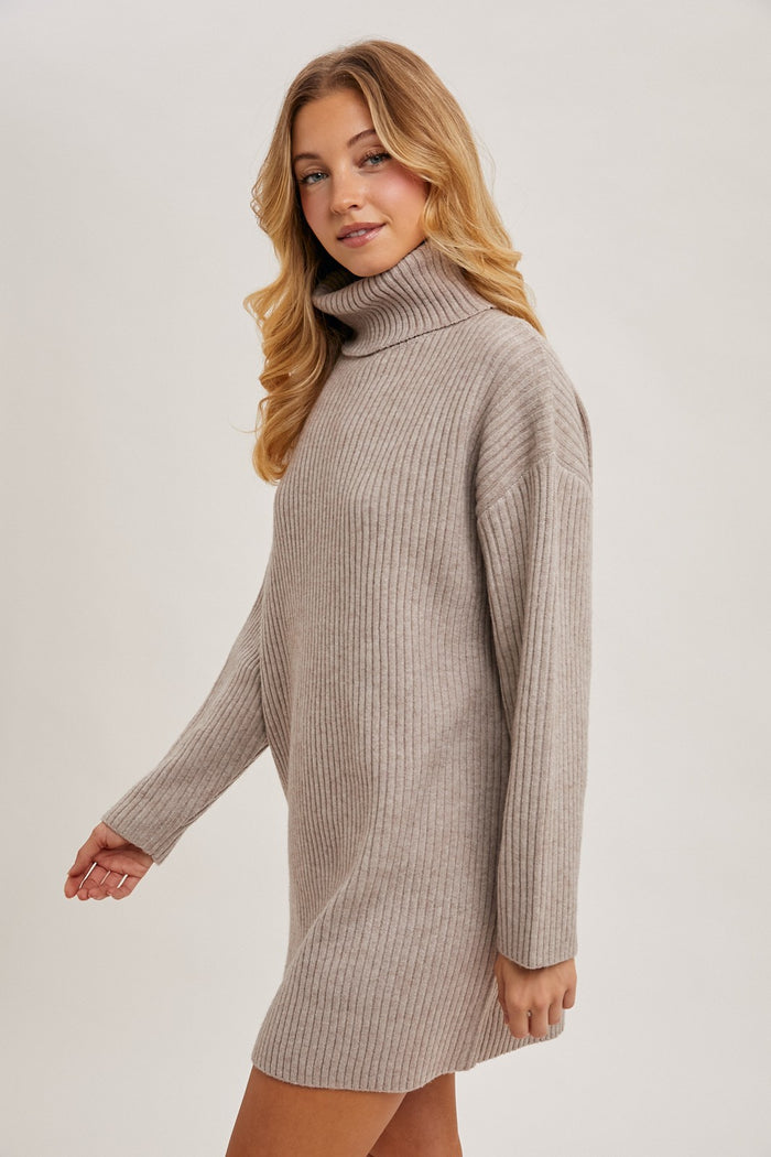Taupe Turtleneck Chunky Knit Sweater Dress