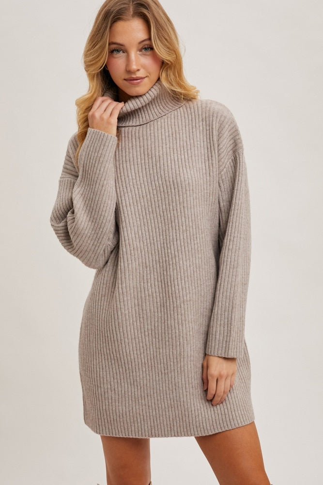 Taupe Turtleneck Chunky Knit Sweater Dress