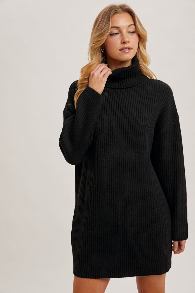 Black Turtleneck Chunky Knit Sweater Dress
