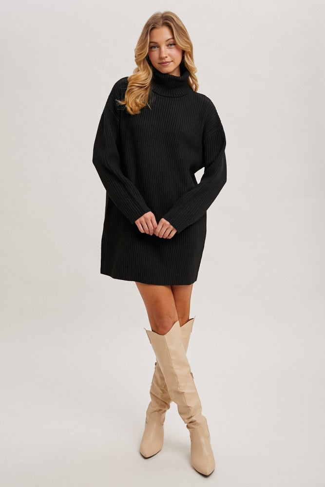 Black Turtleneck Chunky Knit Sweater Dress