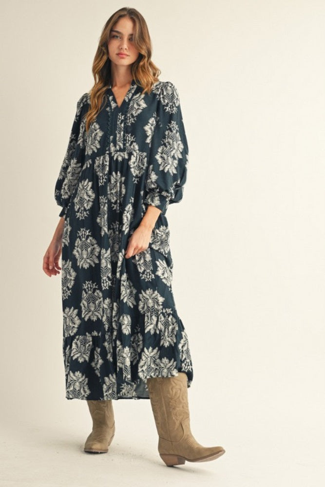 Forest Green Floral V-Neck 3/4 Sleeve Maternity Midi Dress