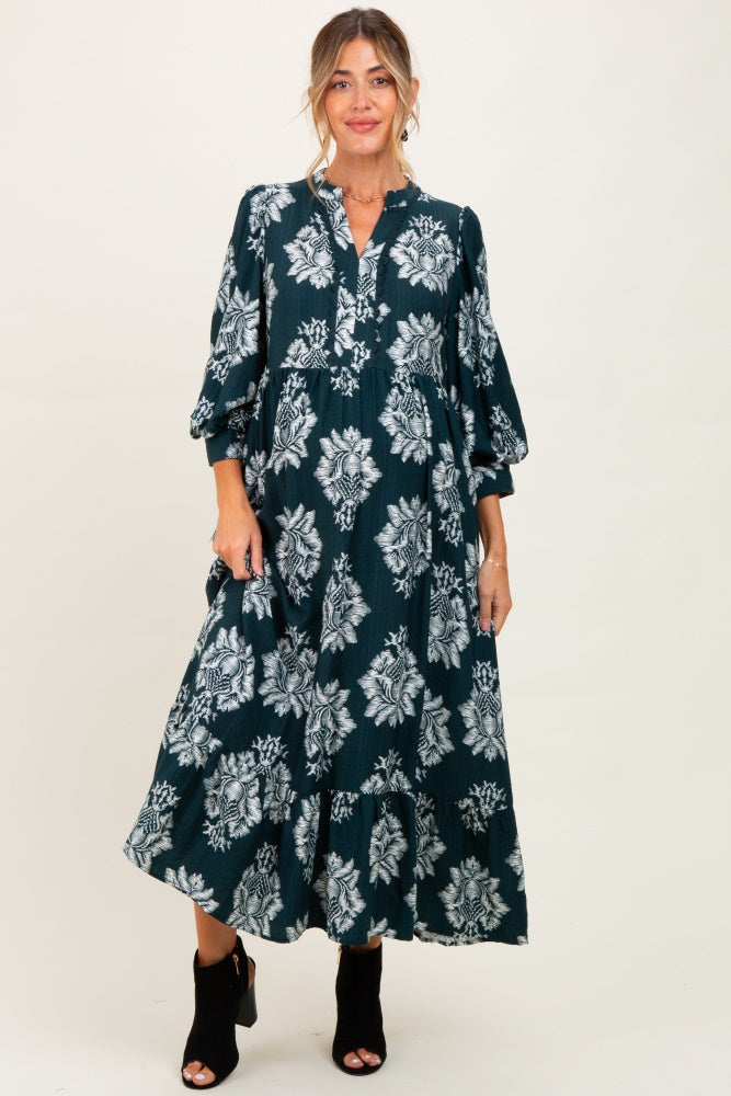 Forest Green Floral V-Neck 3/4 Sleeve Maternity Midi Dress