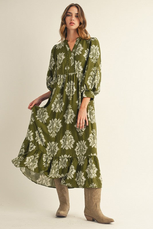 Olive Floral V-Neck 3/4 Sleeve Maternity Midi Dress