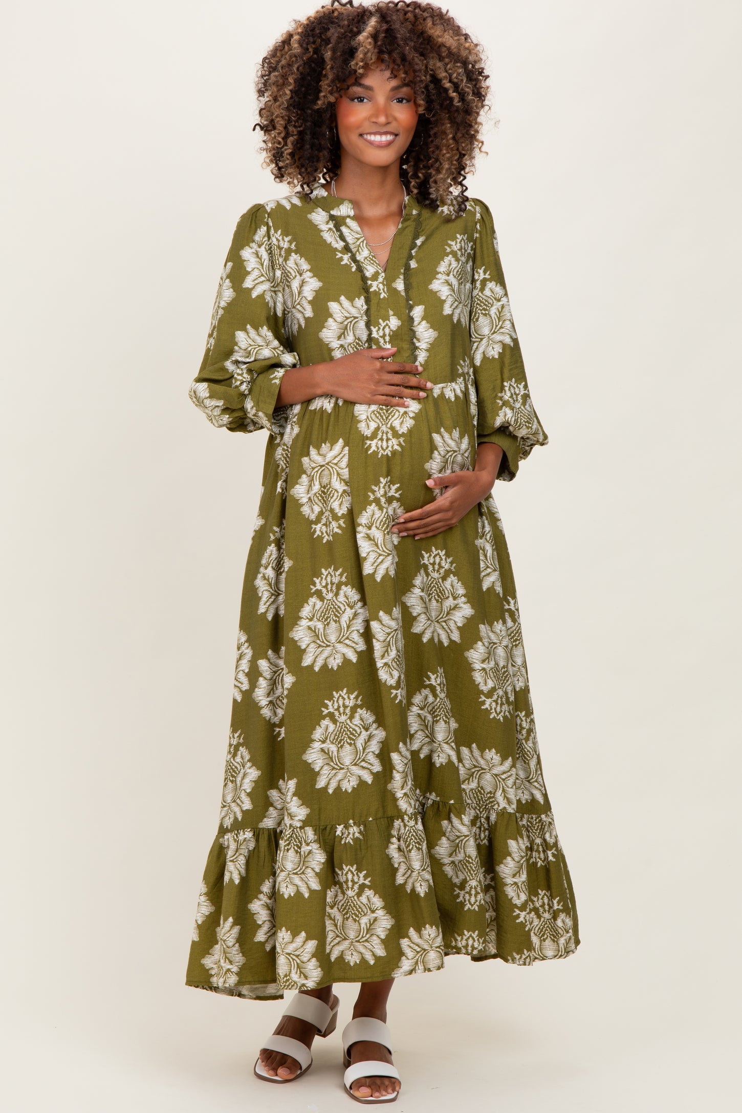 Olive Floral V-Neck 3/4 Sleeve Maternity Midi Dress