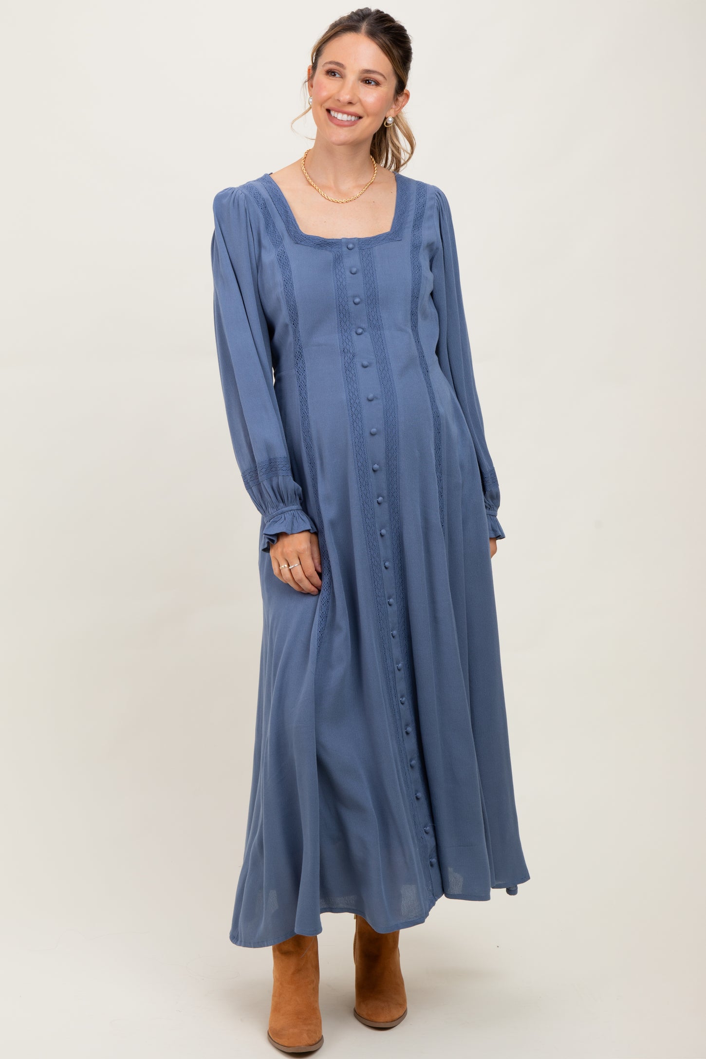 Blue Lace Detail Button Down Maternity Maxi Dress