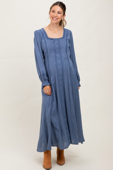Blue Lace Detail Button Down Maternity Maxi Dress