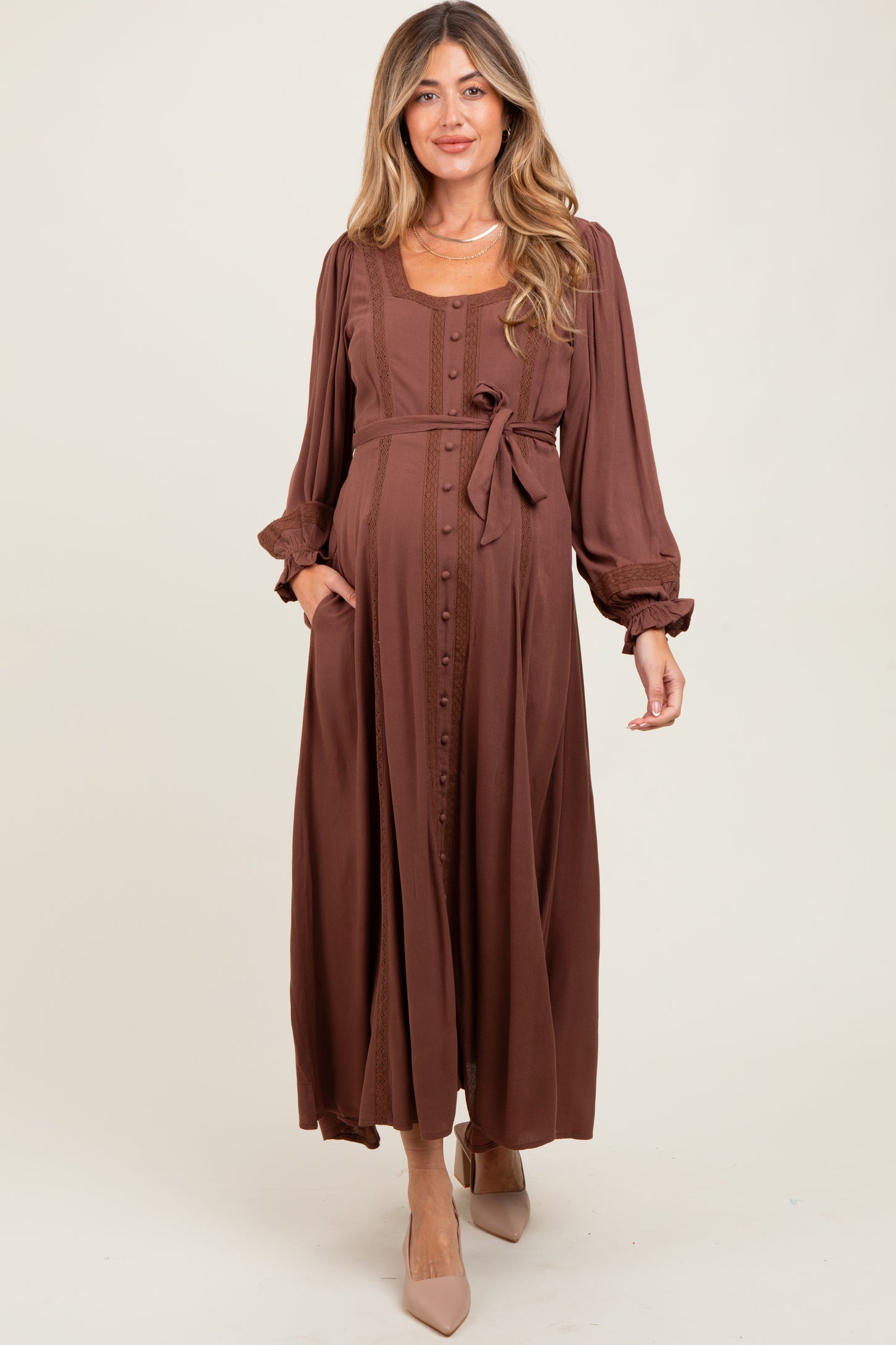 Brown Lace Detail Button Down Maternity Maxi Dress – PinkBlush