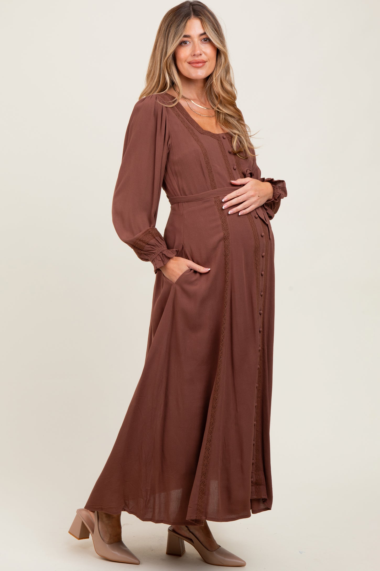 Brown Lace Detail Button Down Maternity Maxi Dress – PinkBlush
