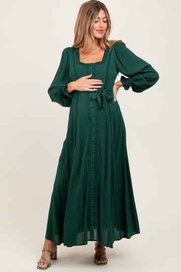 Forest Green Lace Detail Button Down Maternity Maxi Dress