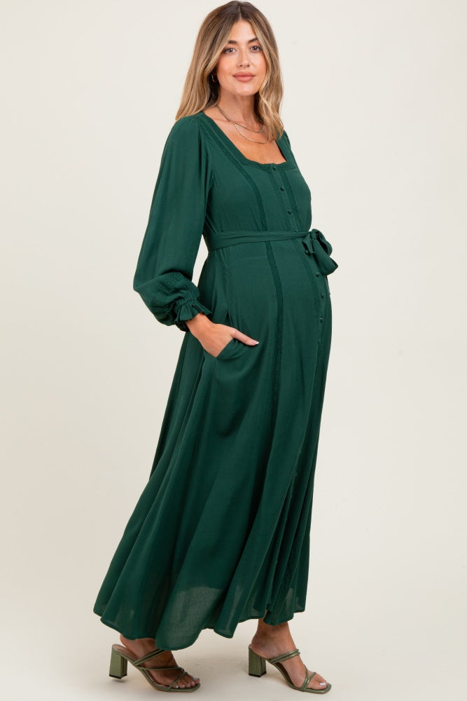 Forest Green Lace Detail Button Down Maternity Maxi Dress