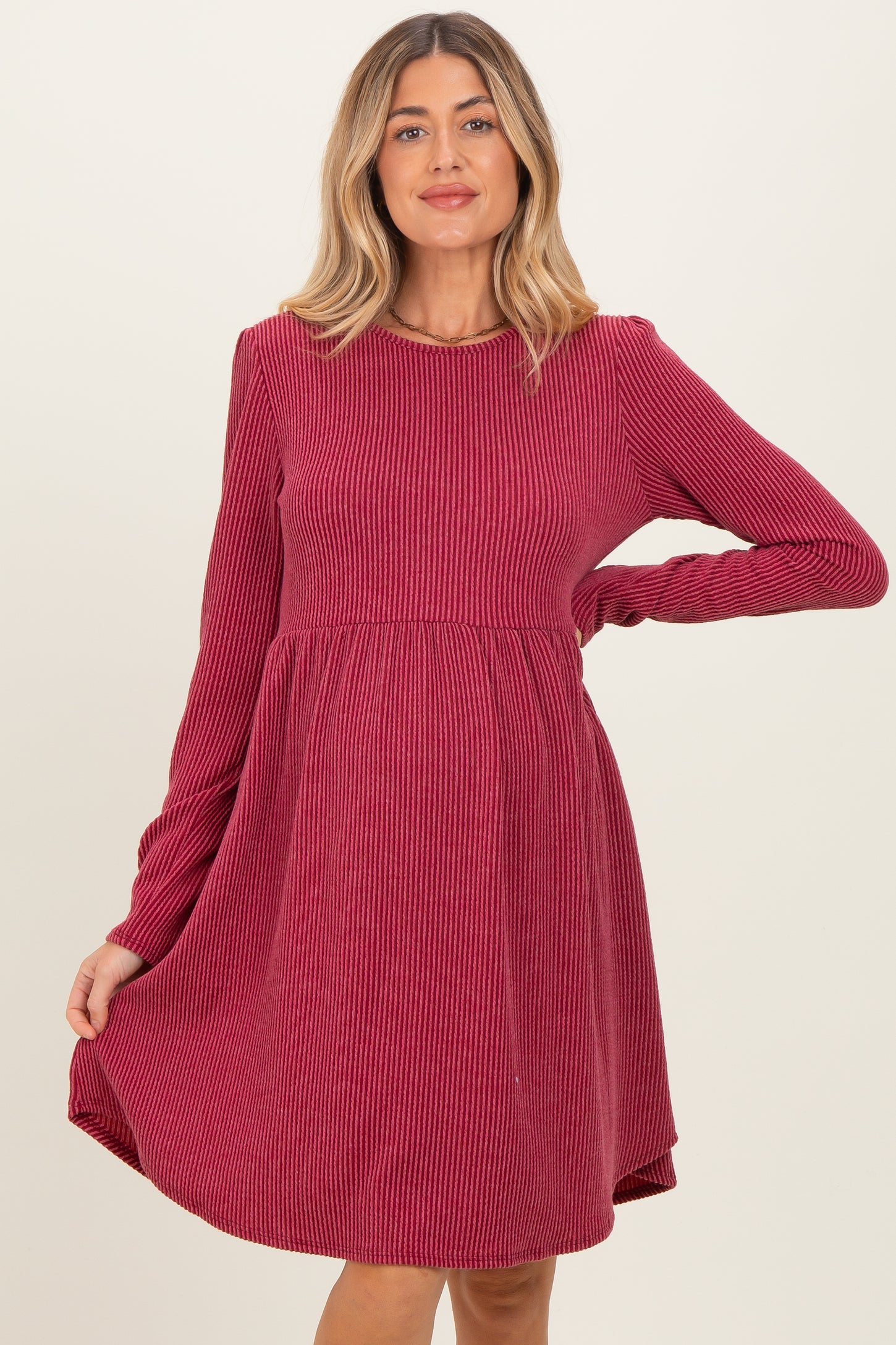 Dark Red Textured Rib Long Sleeve Maternity Dress