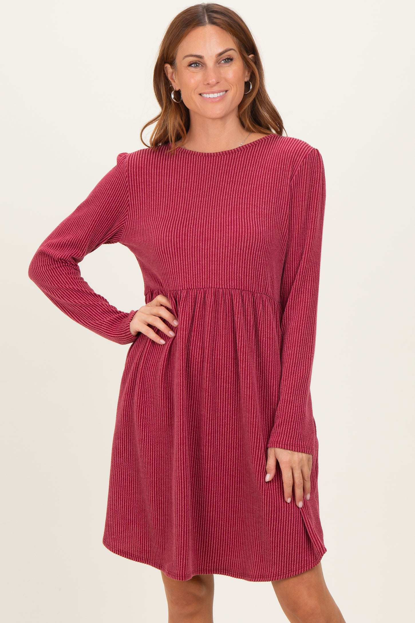 Dark Red Textured Rib Long Sleeve Maternity Dress