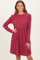 Dark Red Textured Rib Long Sleeve Maternity Dress