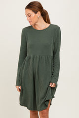 Olive Textured Rib Long Sleeve Dress