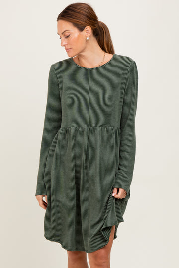 Olive Textured Rib Long Sleeve Dress
