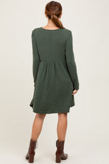 Olive Textured Rib Long Sleeve Dress