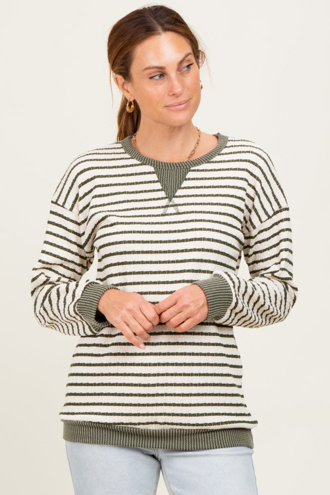 Olive Contrast Rib Long Sleeve Pullover Top