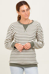Olive Contrast Rib Long Sleeve Pullover Top