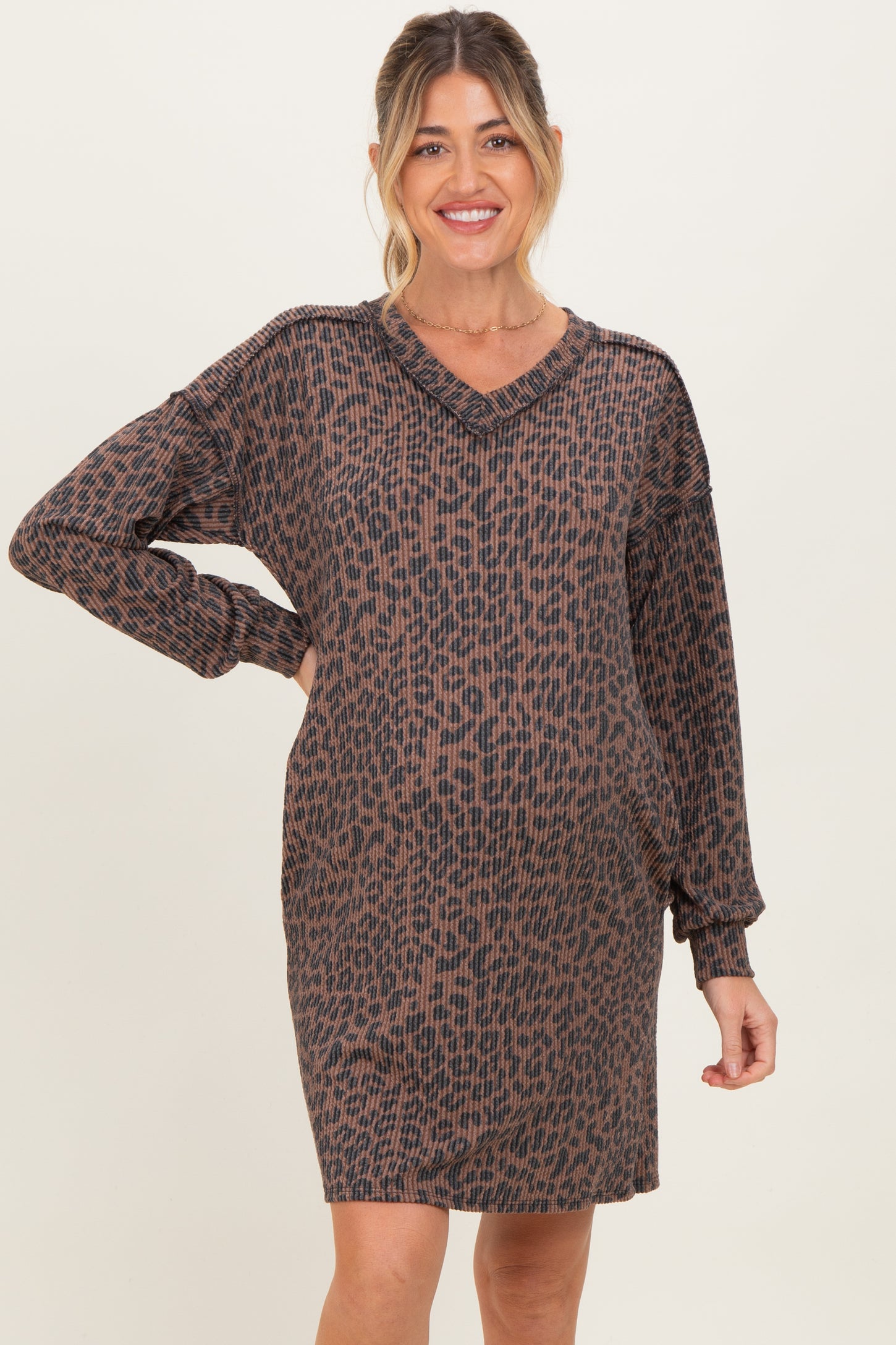 Brown Animal Print Ribbed Long Sleeve Maternity Dress