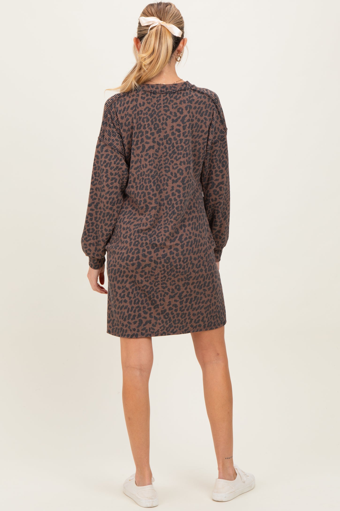 Brown Animal Print Ribbed Long Sleeve Maternity Dress