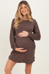 Brown Rib Knit Long Sleeve Maternity Dress