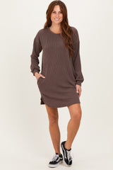 Brown Rib Knit Long Sleeve Dress