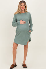 Light Olive Rib Knit Long Sleeve Maternity Dress