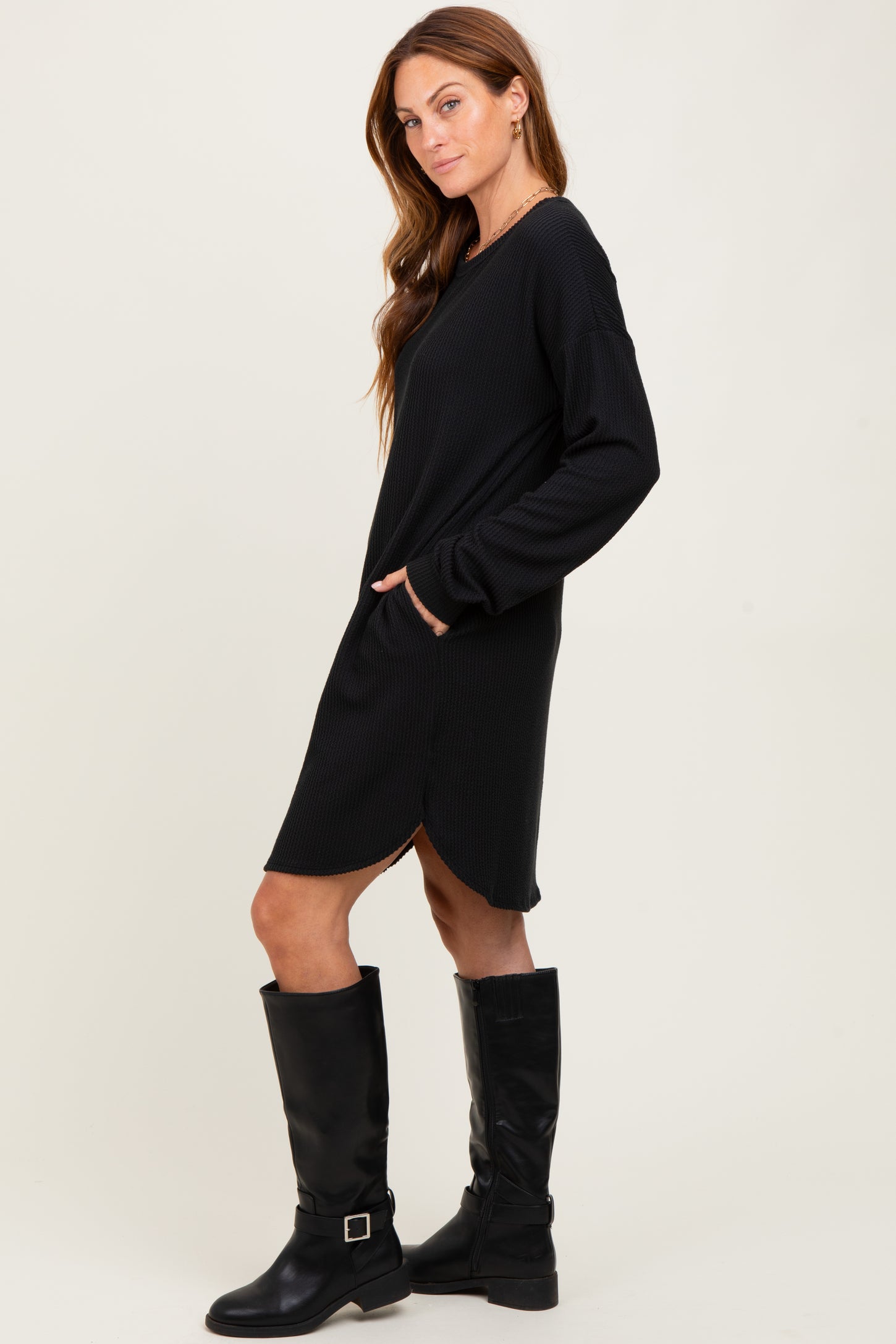 Black Rib Knit Long Sleeve Dress