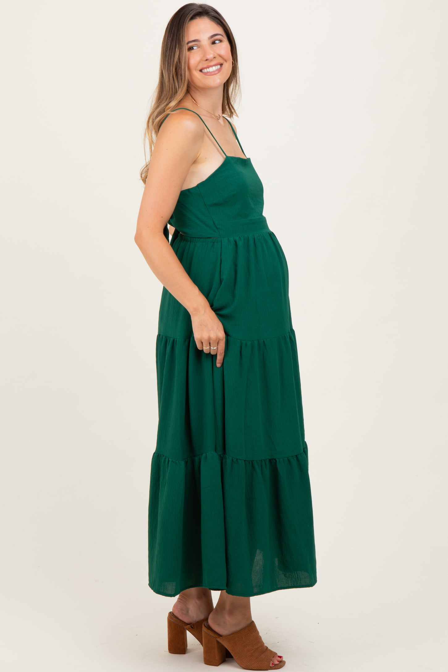 Forest Green Tiered Cutout Tie Back Maternity Midi Dress